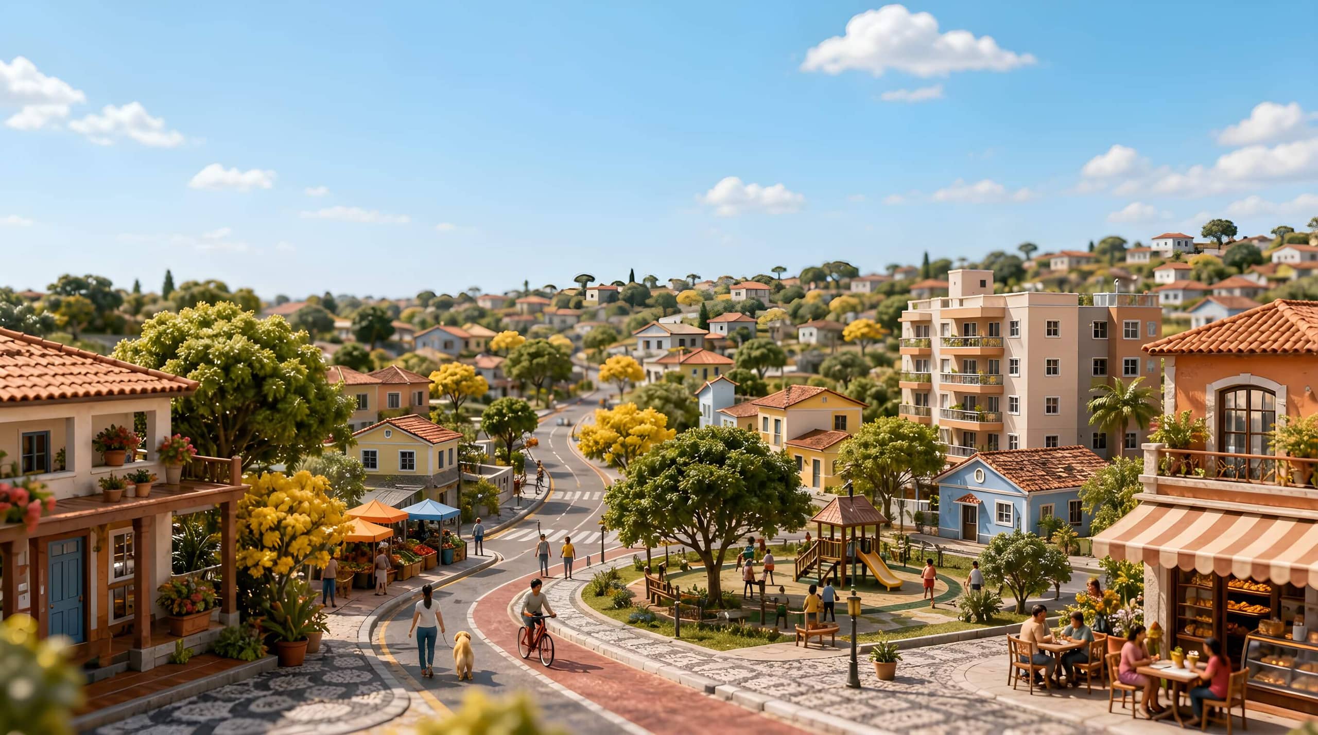 Miniatura de um bairro ensolarado com praça, café, feira e ciclovia